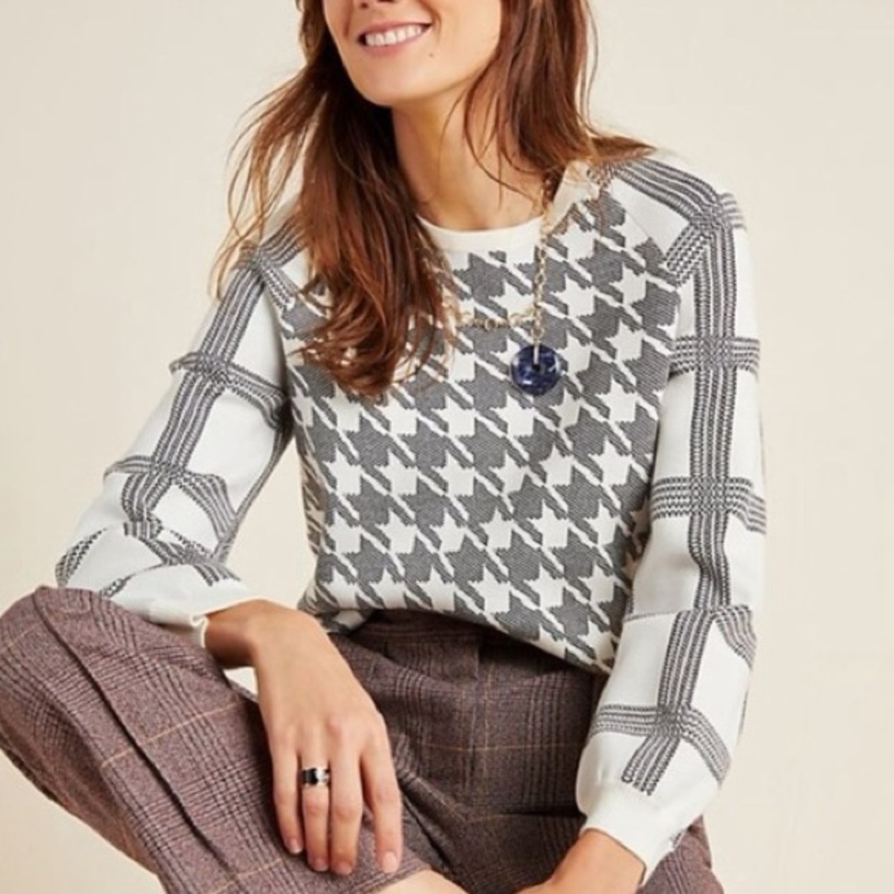 Anthropologie Bailey Pullover Sweater with Houndstooth Knit Design